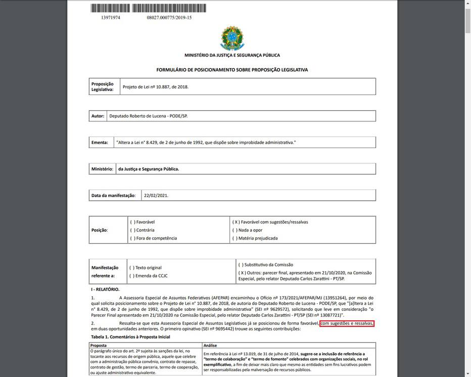 Parecer do Ministério da Justiça