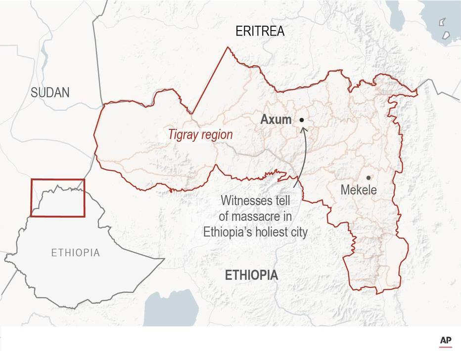 Hienas comeram os corpos de mortos em massacre na cidade mais sagrada da Etiópia Mapa mostra localização da cidade de Axum, onde testemunhas dizem ter ocorrido massacre.