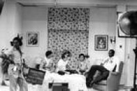 Os humoristas Zacarias, Didi, Dedé e Mussum gravam em gravação do programa Os Trapalhões em 1982