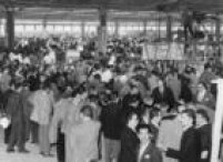 Imprensa acompanha a apuração dos votos das eleições no Ginásio do Ibirapuera, São Paulo, SP. 04/10/1955.