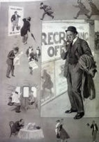 Publicidade inglesa da Primeira Guerra retrata o homem que ainda não se alistou. O sujeito esconde o rosto diante dos soldados e é ignorado pelas senhoras na rua