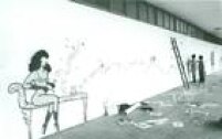Uma nova paisagem no Ibirapuera. Convidados pelo Museu de Arte Moderna três artistas plásticos estão fazendo o que sabem e gostam: arte urbana. Em primeiro plano o grafite de Alex Vallauri.