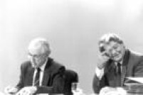 Os candidatos para as eleiçõees presidenciais, Leonel Brizola (PDT) e Mário Covas (PSDB) durante debate. São Paulo, SP.13/10/1989  