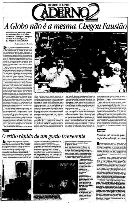 "A Globo não é a mesma. Chegou  Faustão" no jornal de 18/5/1989