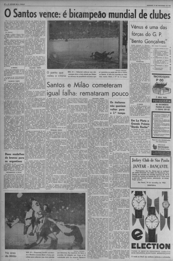 Santos bicampeão mundial no jornal de 17/11/1963
