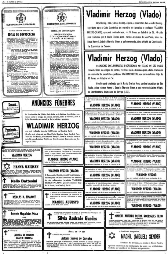 Chamamento para ato ecumênico por Vladimir Herzog nos anúncios fúnebres de 31/10/2020