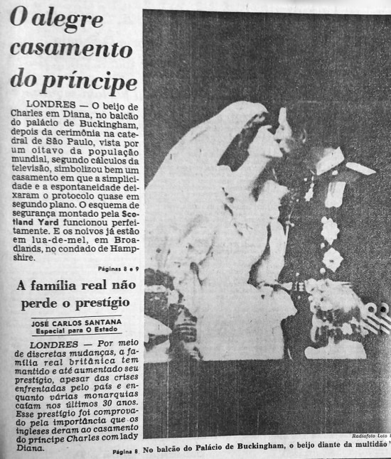 Casamento do príncipe Charles e Diana é manchete do Estadão de 30/7/1981
