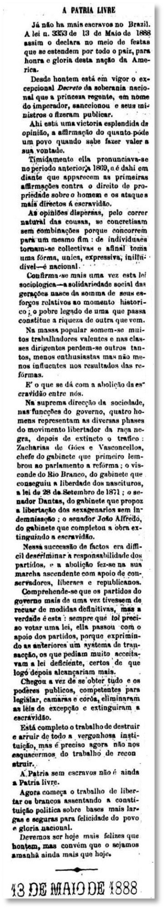 Notícia da abolição da escravidão no jornal de 15/5/1888