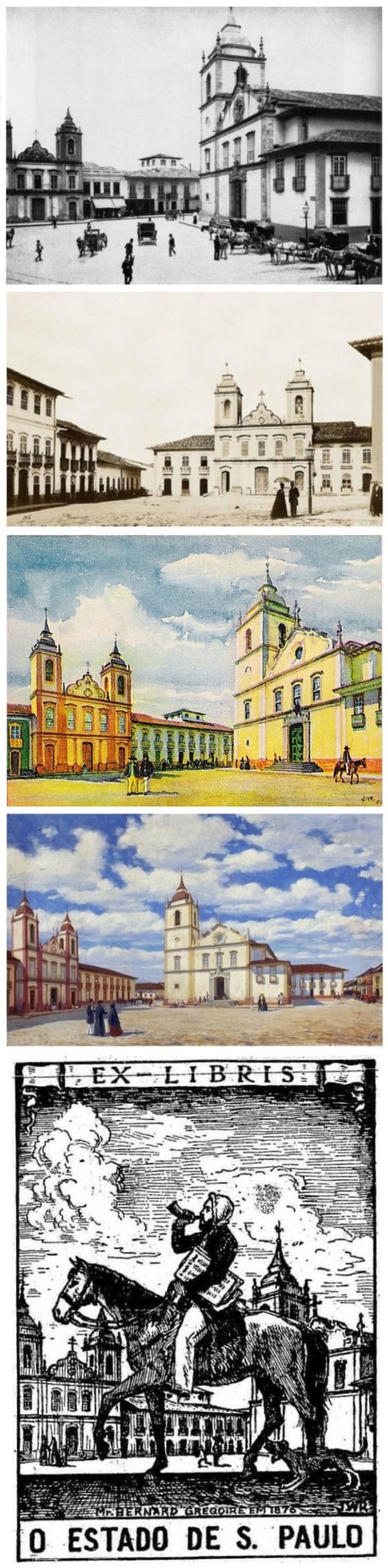 Largo da Sé em fotografias de Militão Augusto de Azevedo, em pinturas de José Wasth Rodrigues e no Ex-libris do Estadão