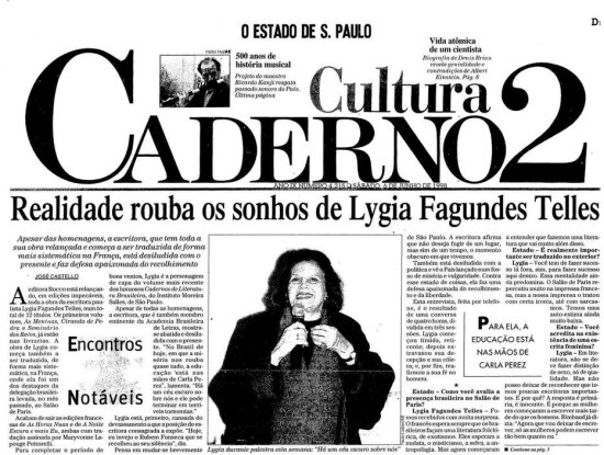 Entrevista de Lygia Fagundes Telles no Estadão de 6/6/1998.