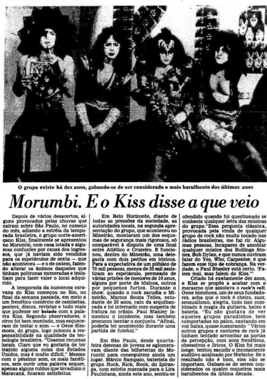 Reportagem sobre o show do Kiss no Morumbi no Estadão de 26/6/1983.