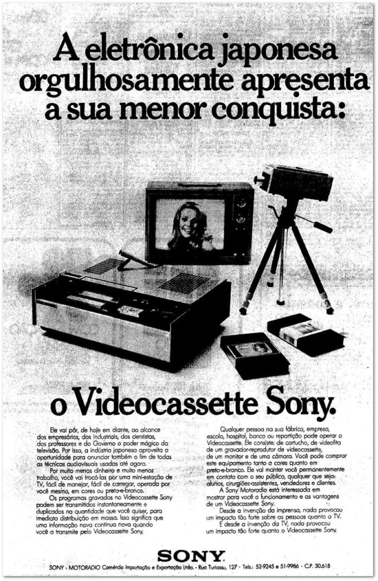 Anúncio de Videocassete Sony Motorradio, publicado no Estadão de 14/3/1973.