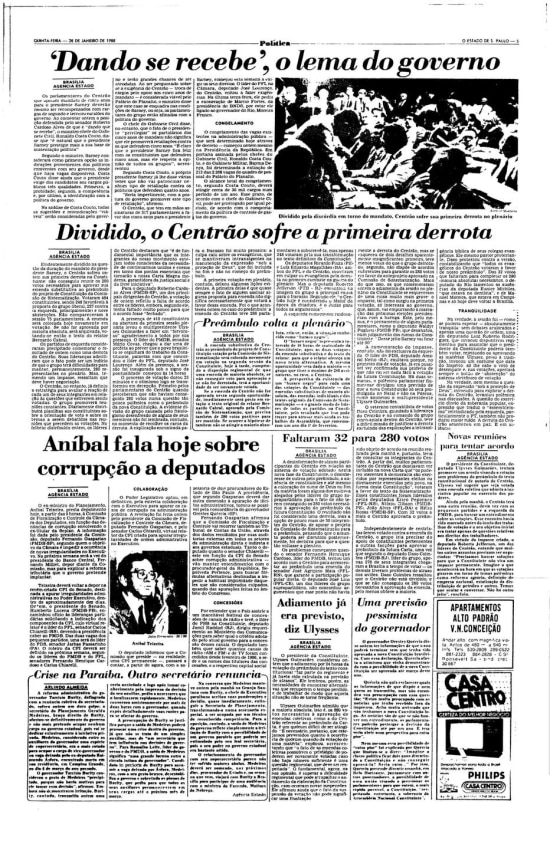 Página de 28/1/1988 sobre o bloco Centrão e o governo Sarney.