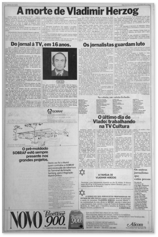 Notícia da morte de Vladimir Herzog no Jornal da Tarde de 27/10/1975