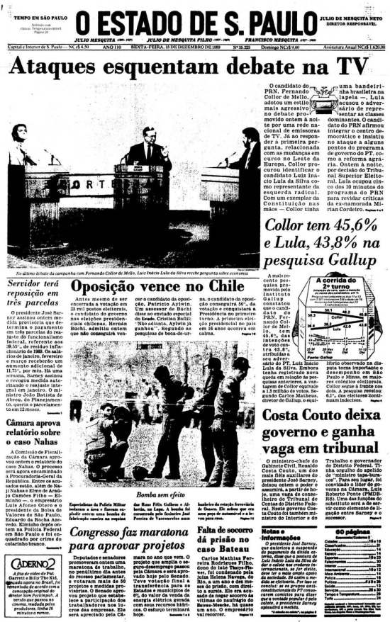 Capa do jornal com debate entre Fernando Collor e Lula no 2º turno de 1989.