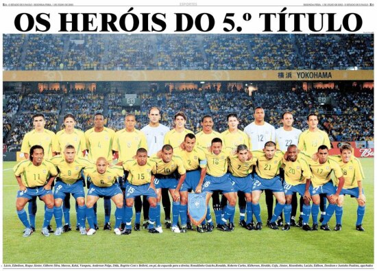 Poster da seleção brasileira pentacampeã na Copa do Mundo de 2002.  