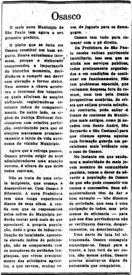 Notícia sobre a emancipação de Osasco no Estadão de 6/2/1962. 