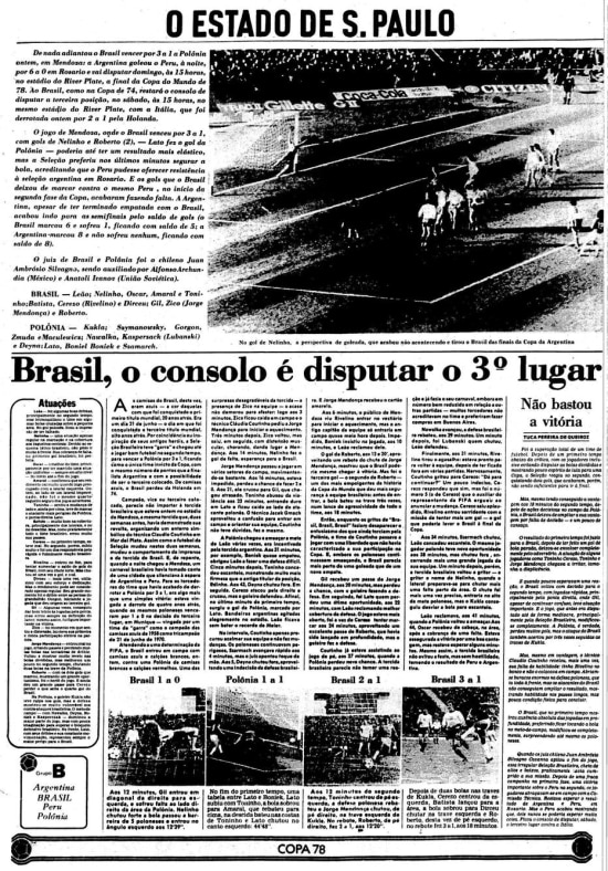 Página com a vitória do Brasil sobre a Polônia na Copa do Mundo de 1978.