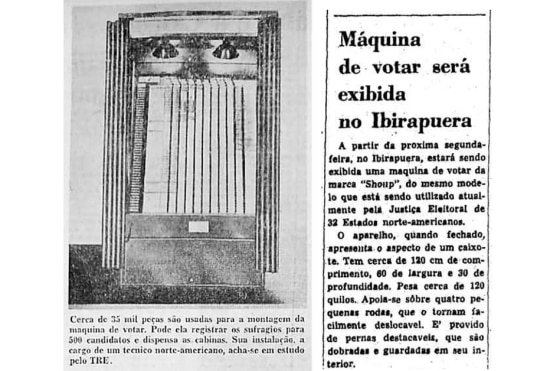 Imagem de máquina de votar publicada no Estadão de 02/7/1961 e notícia sobre exposição destes aparelho no Ibirapuera em 1965.