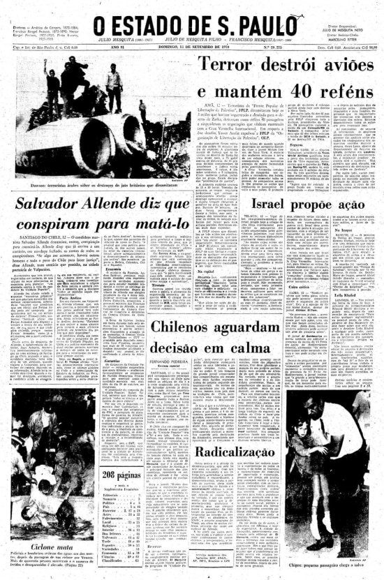 Capa do Estadão de 13/9/1970
