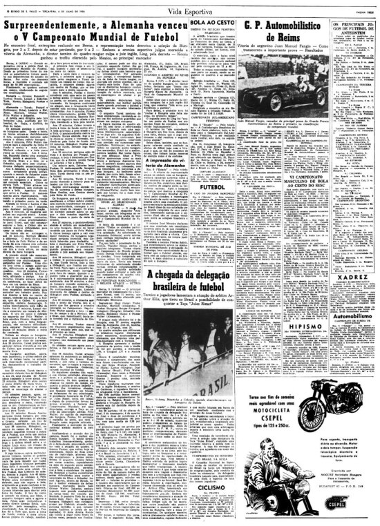 Página do Estadão de 6/7/1954 com a vitória alemã sobre a Hungria.