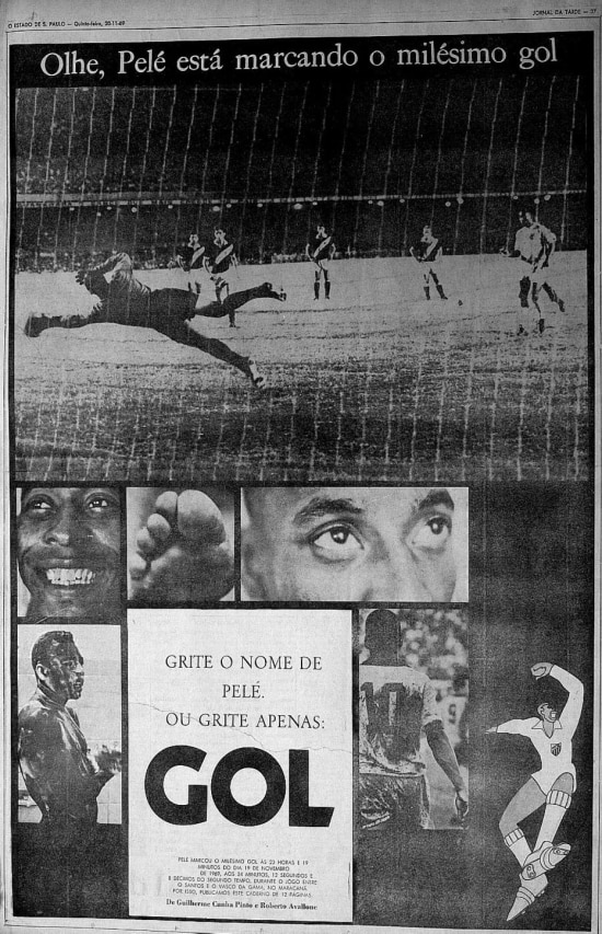 Página do Jornal da Tarde com o milésimo gol do Pelé.