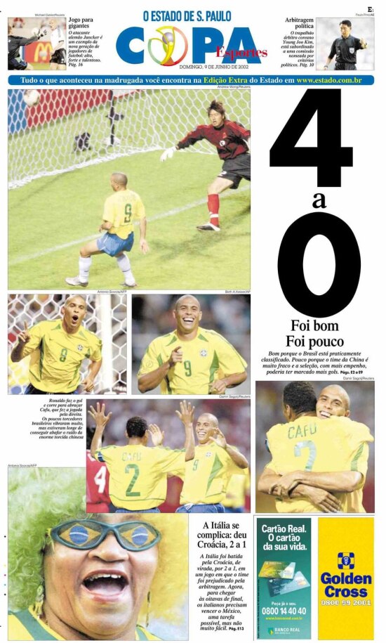 Brasil 4 x 0 China no Estadão de 9/6/2002