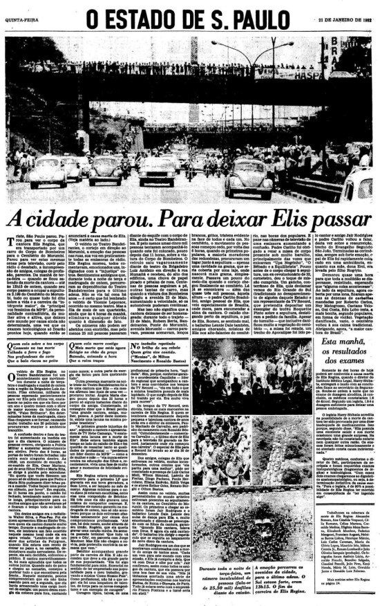 Notícias sobre a morte e o enterro de Elis Regina no Estadão de 21/1/1982. 