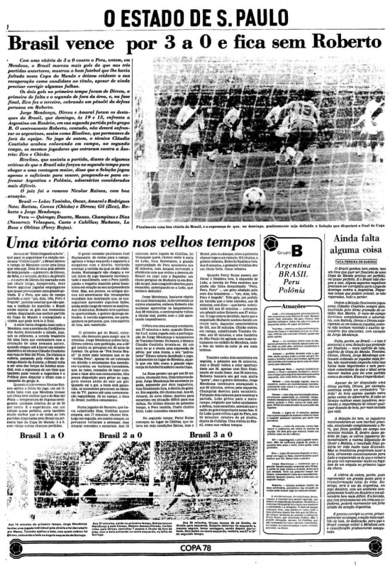 Página com a vitória do Brasil sobre o Peru na Copa de 1978 na Argentina.