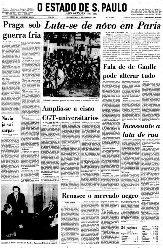 Capa do jornal de 24/5/1968 com os conflitos na capital francesa.