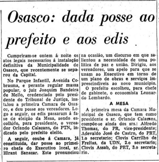 Notícia sobre a emancipação da cidade de Osasco no Estadão de 20/2/1962. 