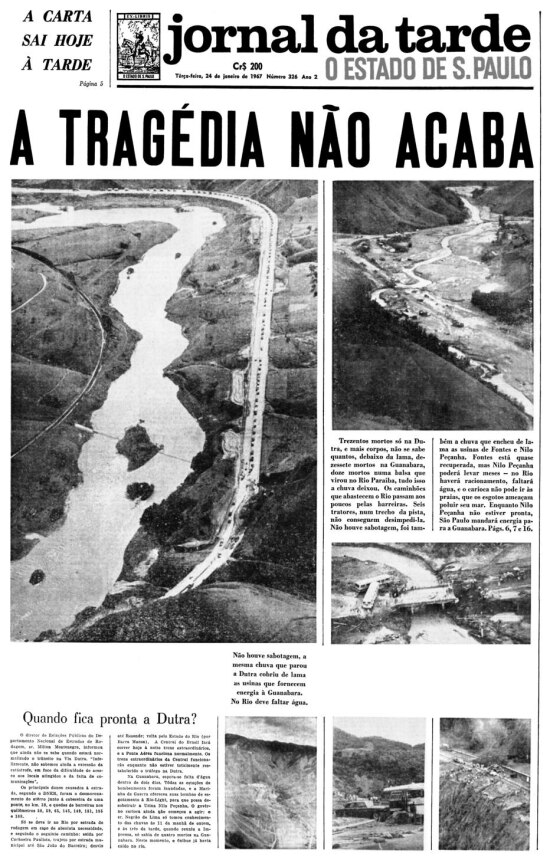 Capa do Jornal da Tarde de 24/1/1967 sobre a grande tragédia das chuvas no Rio de Janeiro.