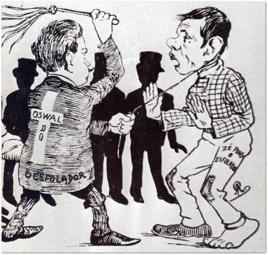 Caricatura de 1904 mostra o médico Oswaldo Cruz usando chicote contra o povo.