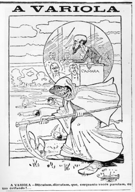 Charge de 1904 mostra parlamentares discutindo enquanto a figura da Morte ceifa vidas com a proliferação da varíola.