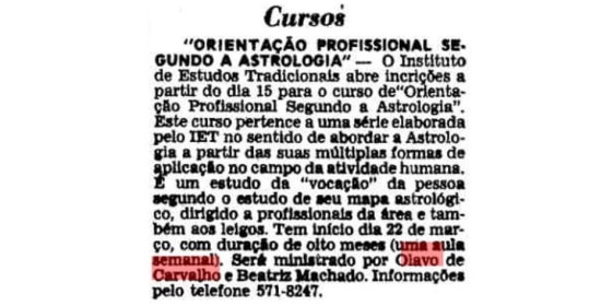 Guia com o curso "Orientação profissional segundo a astrologia" com Olavo de Carvalho publicado em 13/3/1982.