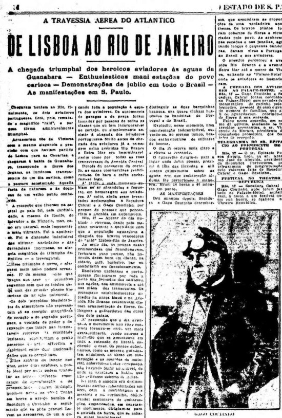 Notícia da chegada de Sacadura e Coutinho ao Rio de Janeiro no Estadão de 18/6/1922.