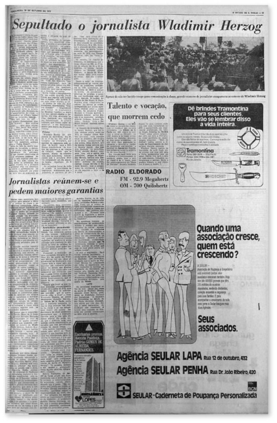 Notícia do sepultamento de Vladimir Herzog no jornal de 28/10/1975