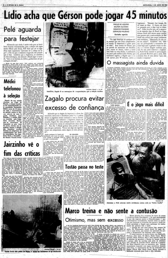 Notícias da seleção no Estadão de 5/6/1970