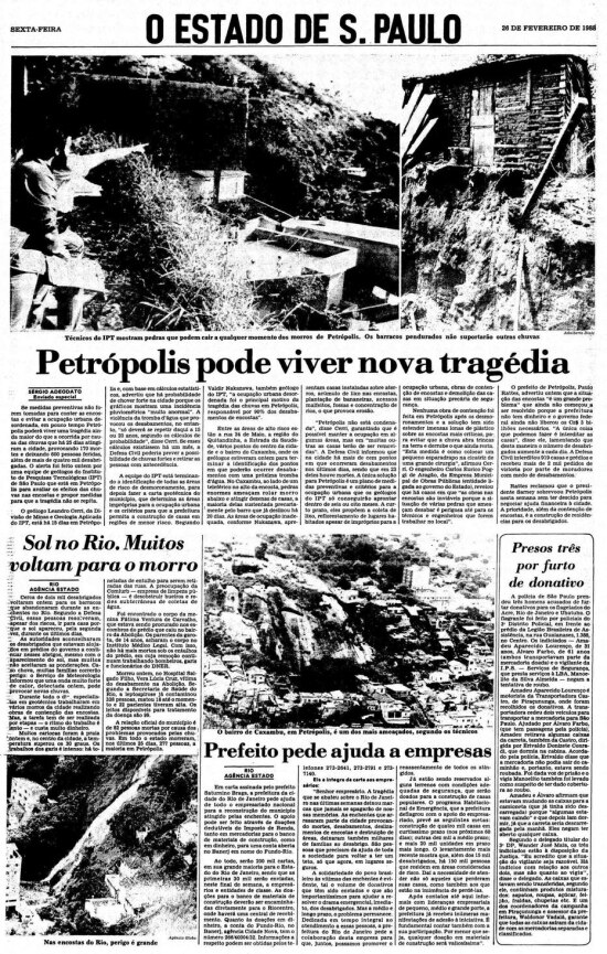 Notícia sobre as chuvas em Petrópolis no Estadão de 26/2/1988.