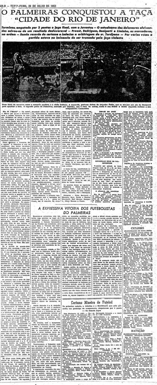 Notícia sobre a conquista do Palmeiras no Estadão de 24/7/1951