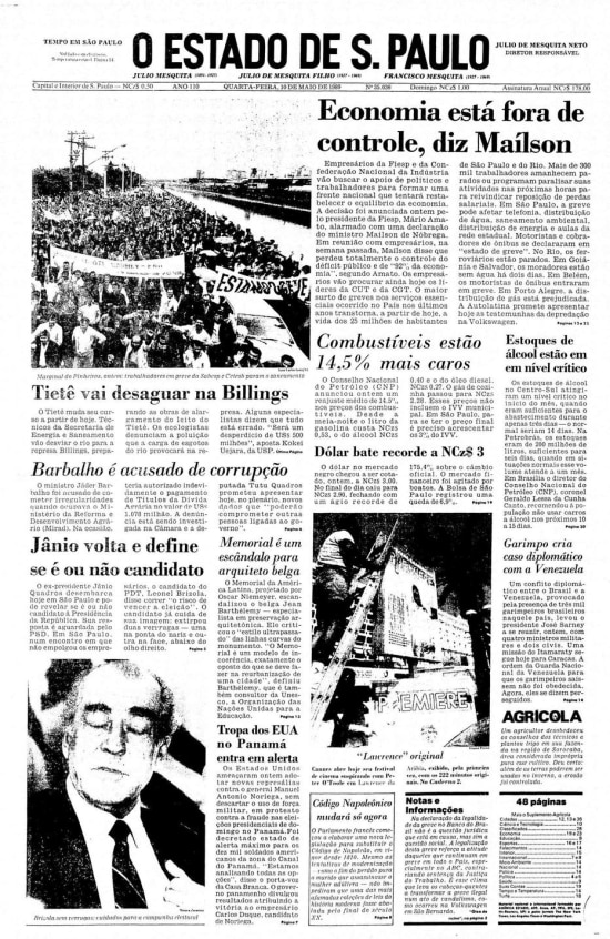 Capa de 10/5/1989 com a manchete "Economia está fora de controle, diz Maílson"