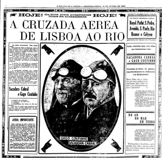 Cartaz do filme sobre a travessia aérea Lisboa-Rio no Estadão de 19/6/1922.