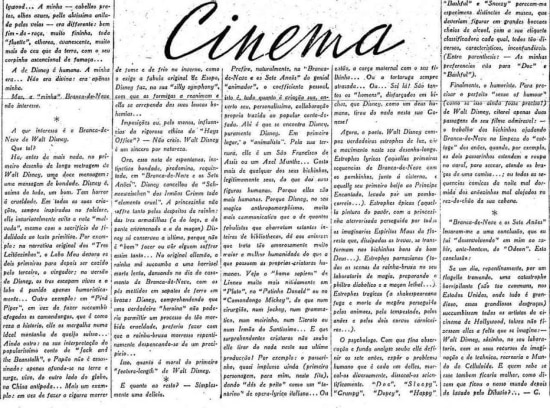 Texto de Guilherme de Almeida comentando a estreia de Branca de Neve no Brasil em 1938 