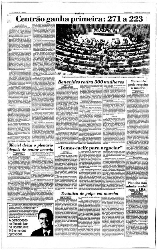 Página de 26/11/1987 sobre o bloco Centrão.