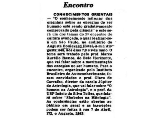 Guia de palestra sobre Conhecimentos Orientais com Olavo de Carvalho publicado em 3/5/1980