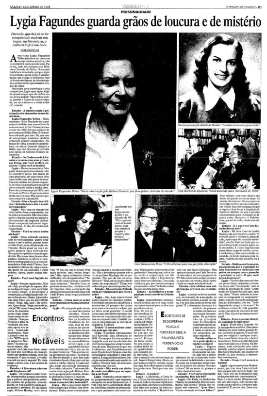 Entrevista de Lygia Fagundes Telles ao Estadão em 6 de junho de 1998.