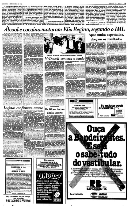 Notícias sobre a causa da morte da cantora Elis Regina no Estadão de 22/1/1982. 