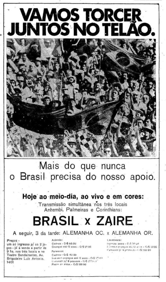Anúncio dos eventos de transmissão dos jogos do Brasil na Copa de 1974