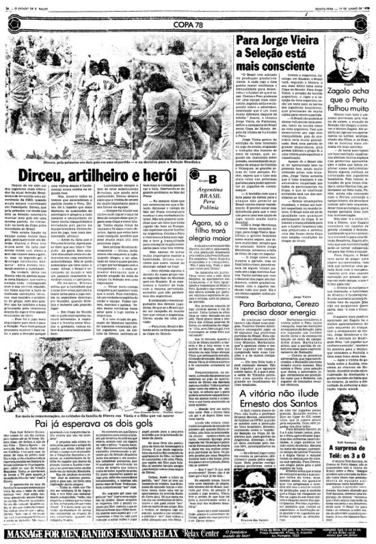 Página de 15 de junho de 1978 com a vitória brasileira sobre o Peru na Copa da Argentina em 1978.
