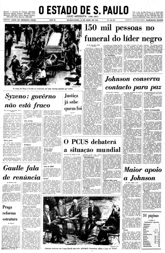Capa do Estadão de 10/4/1968 com a manchete sobre o funeral de Martin Luther King: "150 mil pessoas no funeral do líder negro".